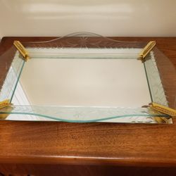 Vintage 1930s-1940s Art Deco Mirrored and Etched Glass  Vanity Tray