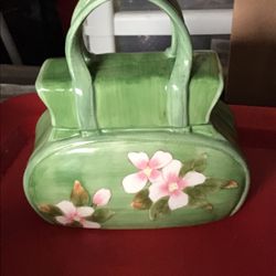 Green Pink Flower Purse Cookie Jar.   