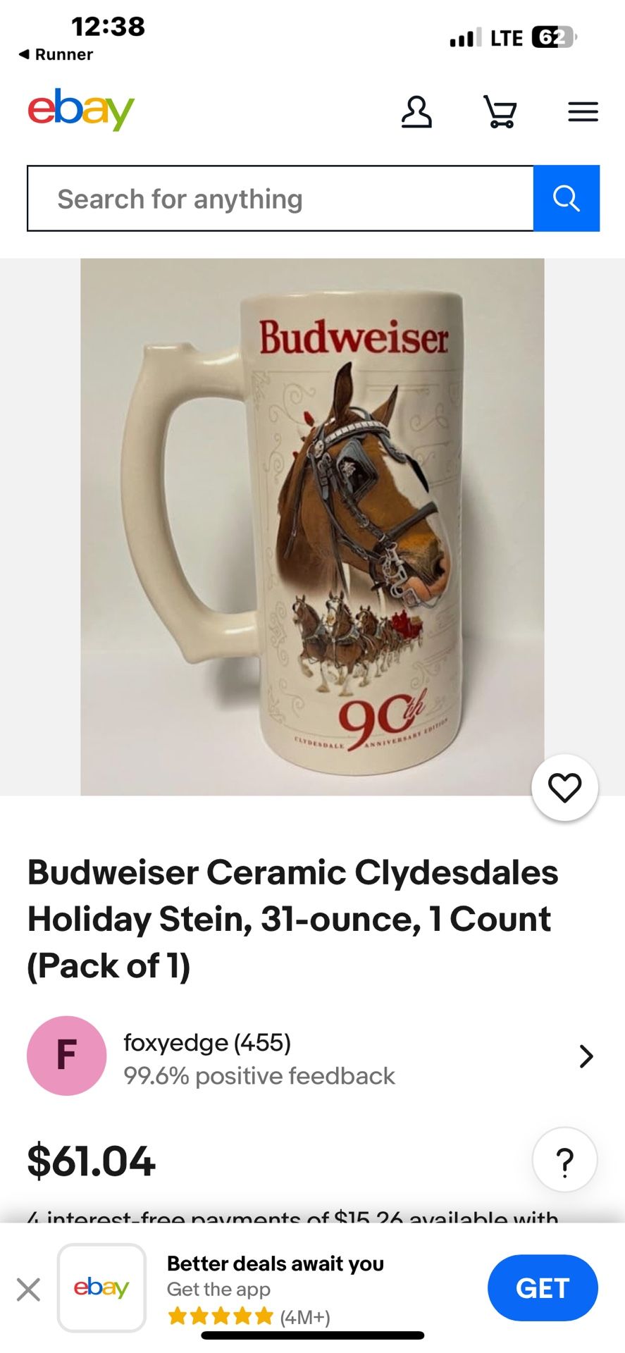 Collectors Budweiser 90th Anniversary Beer Stein-NEW