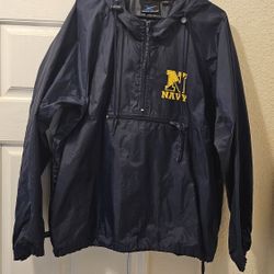 Navy Pullover Jacket/Rain Coat with 'Navy' Embroidered on the Front - Men's Large - Used -Like New