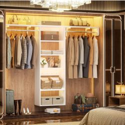 Closet Organizer System with Adjustable Shelves, 8FT Wood Closet Organizer Starter Kit Tower and Expandable Hang Rods, 96" Walk in Wood Closet Storage