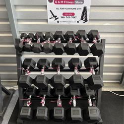New pair of 5,10,15,20,25,30,35,40,45lb rubber dumbbells + rack. All new in box 📦 $570