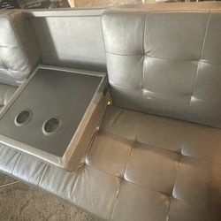 Faux Leather Grey Futon With Middle Pull Down Table/cupholders