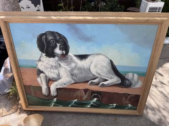 Large Vintage Oil Painting of Newfoundland Dog – Framed Wall Art
