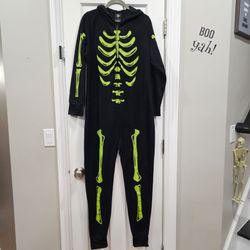 New Hyde & EEK Green Skeleton Onesie Costume Womens Small Fleece Hooded Jumpsuit