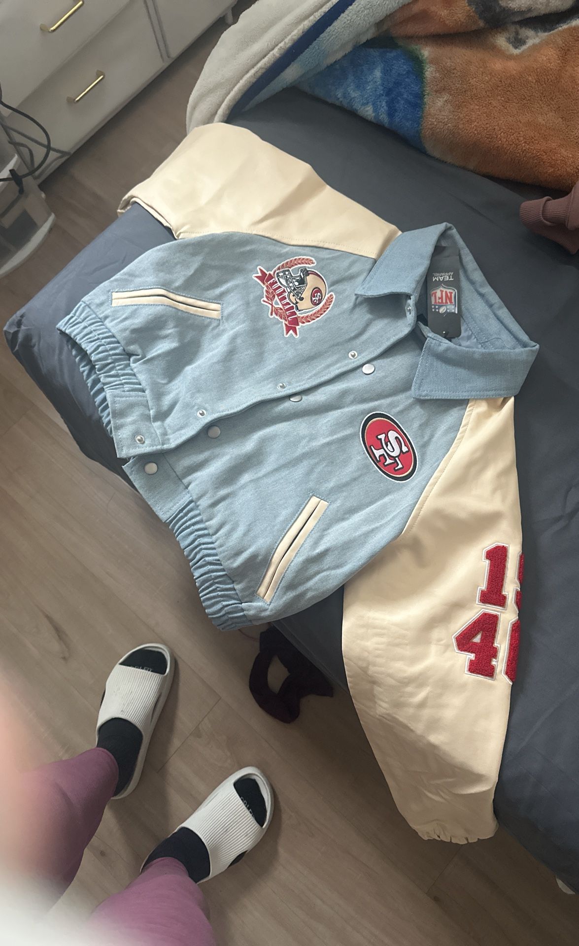 49ers denim leather jacket