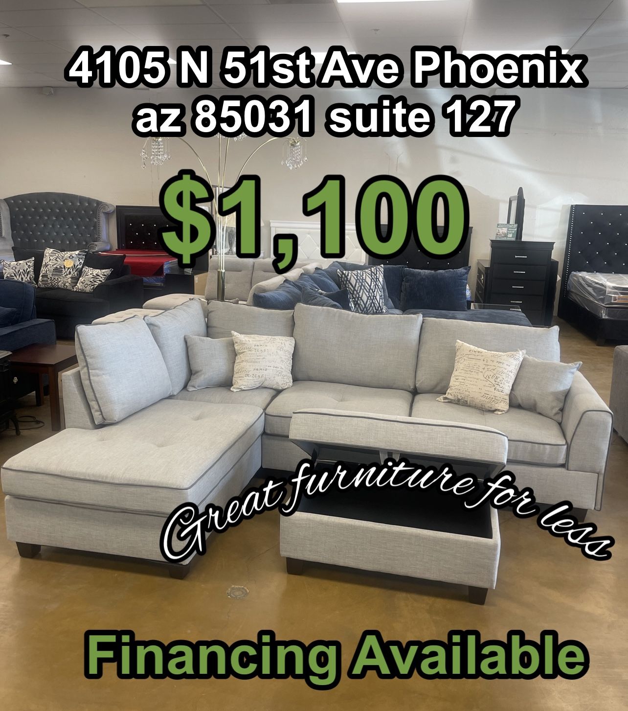 Sectional grey Fabric With Ottoman Brand New