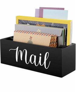 Mail Organizer, Mail Holder with 2 Slots, Mail Basket for Wall Table Countertop, Wood Desk Mail Organizer, Black Envelope Holder for Home Office Decor