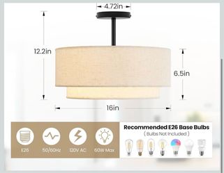 Double Drum Semi Flush Mount Ceiling Light, Close to Ceiling Light Fixture, 16 Inch with Fabric Linen Shade, Black Brass, for Living Room, Bedroom, Di