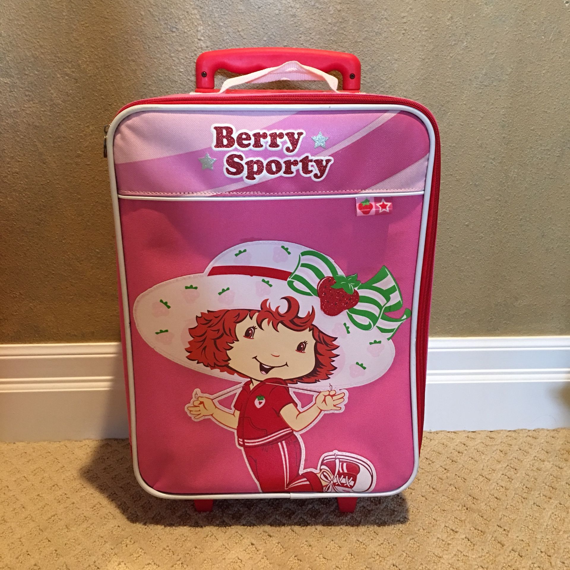 Small suitcase, children's luggage, girls bag on wheels, pink strawberry shortcake