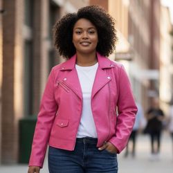 NEW Baccini Motorcycle Jacket  Women’s Size 1X  Pink Faux Leather Zippers Lined Plus Size 