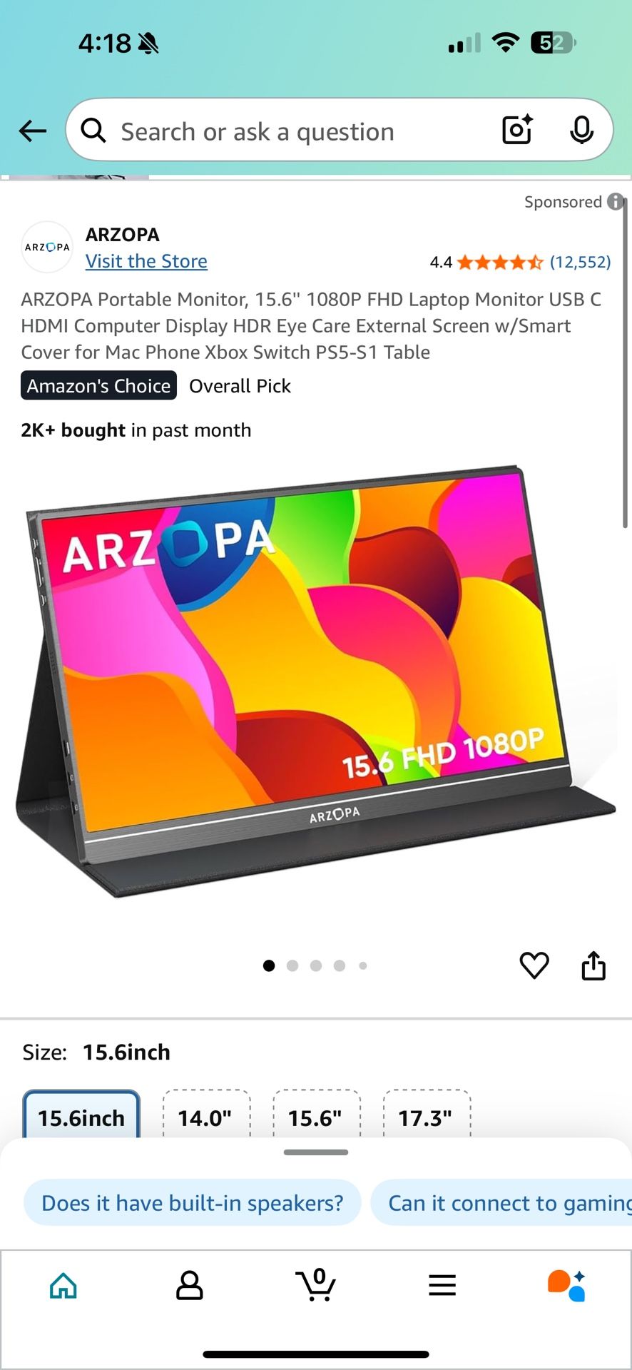 ARZOPA Portable Monitor, 15.6'' 1080P FHD Laptop Monitor USB C HDMI Computer Display HDR Eye Care External Screen w/Smart Cover for Mac Phone Xbox Swi