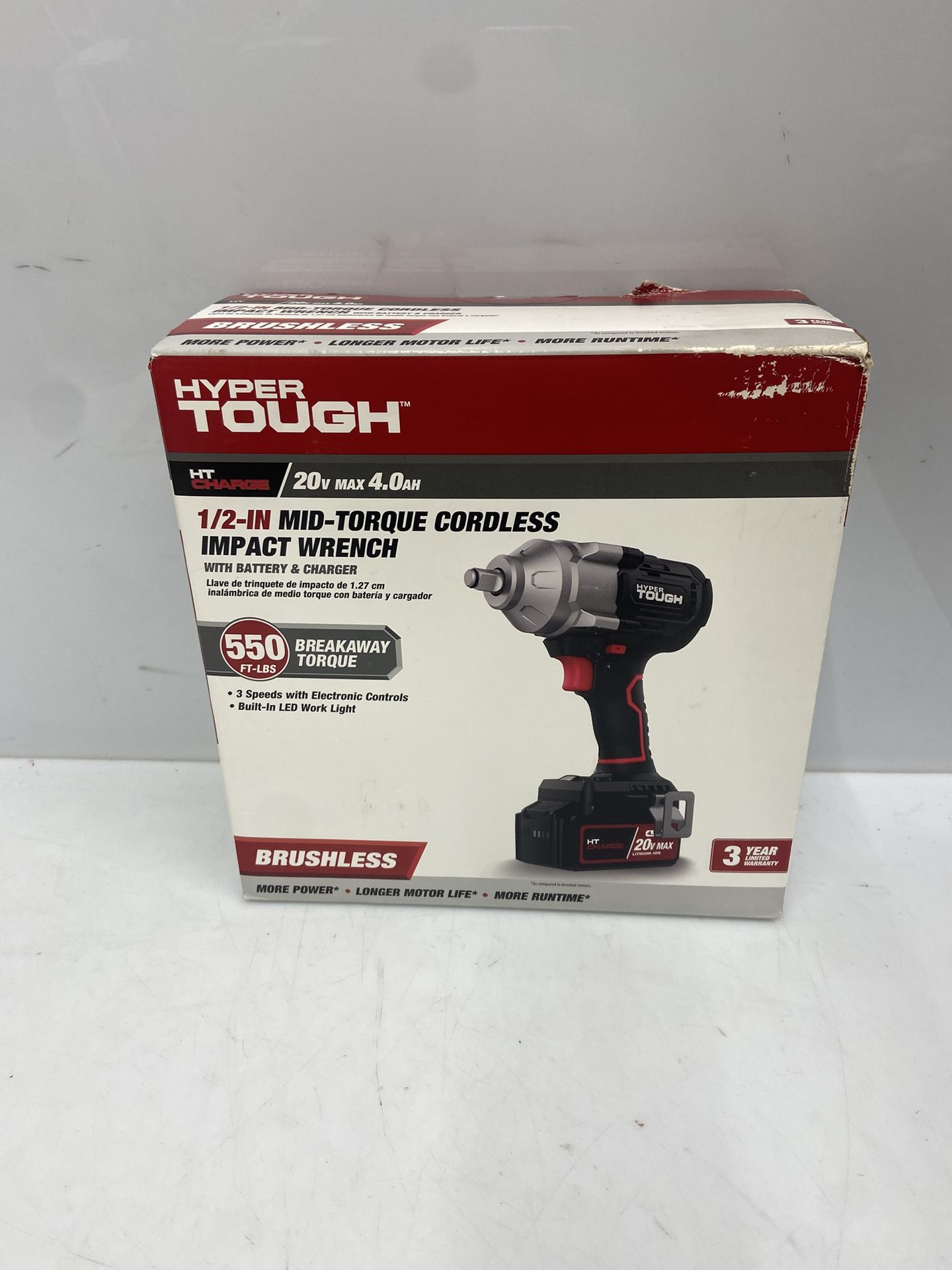 Hyper Tough 20V Max Brushless 1/2-inch Mid-Torque Cordless Impact Wrench with 4.0Ah Lithium-Ion Battery and Charger