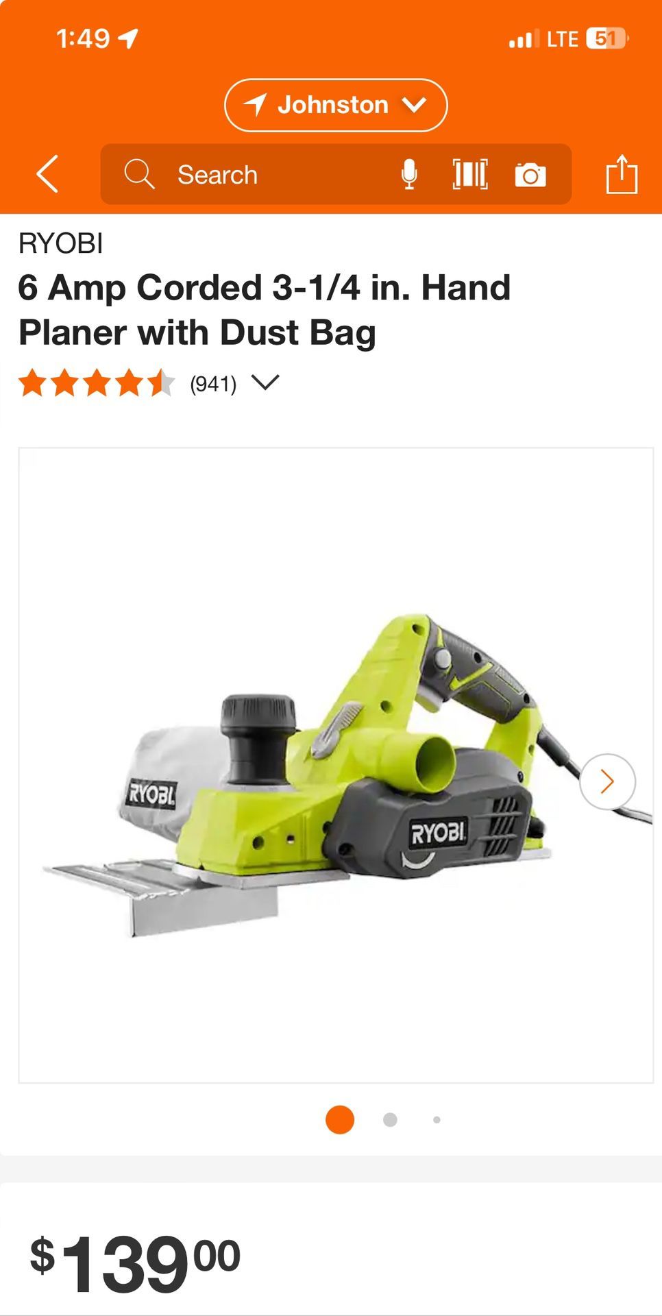 RYOBI 3-1/4” Portable Hand Planer with Dust Bag