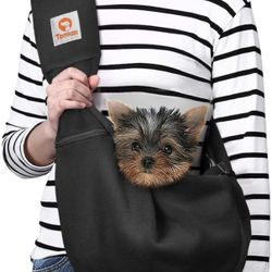 Tomkas Small Dog Sling Carrier - Adjustable Strap & Zip Pocket - Suitable for Puppies (Black)