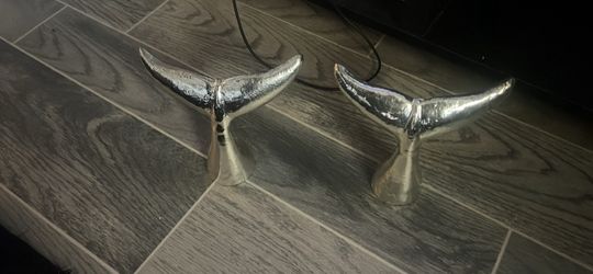 Silver Metal Whale Tail Sculptures Set of 2