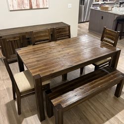Solid Acacia dining table with 4 chairs and bench