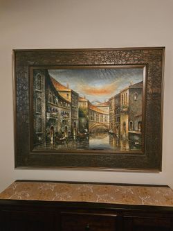 Large Framed Venice Canal Oil Painting
