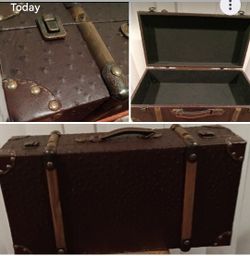 Vintage Steamer Suitcase Ostrich Leather Brown, Wood Trim