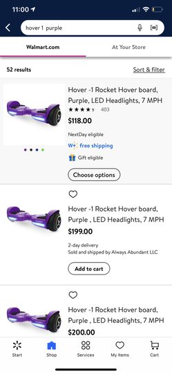 Brand New Hover-1 Rocket Hoverboard, Purple, LED Headlights, 7 MPH Max Speed, 160 lbs Max Weight, 3