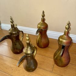 Vintage Middle Eastern Brass Dallah Coffee Pot Set (4) – Arabic Bedouin Islamic Decor – Large Medium Small