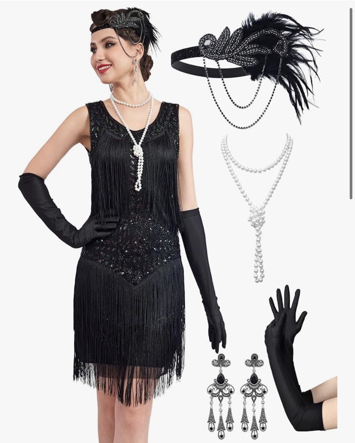 1920s Flapper Dresses for Women, Lace V-Neck Great Gatsby Costumes with Fringe