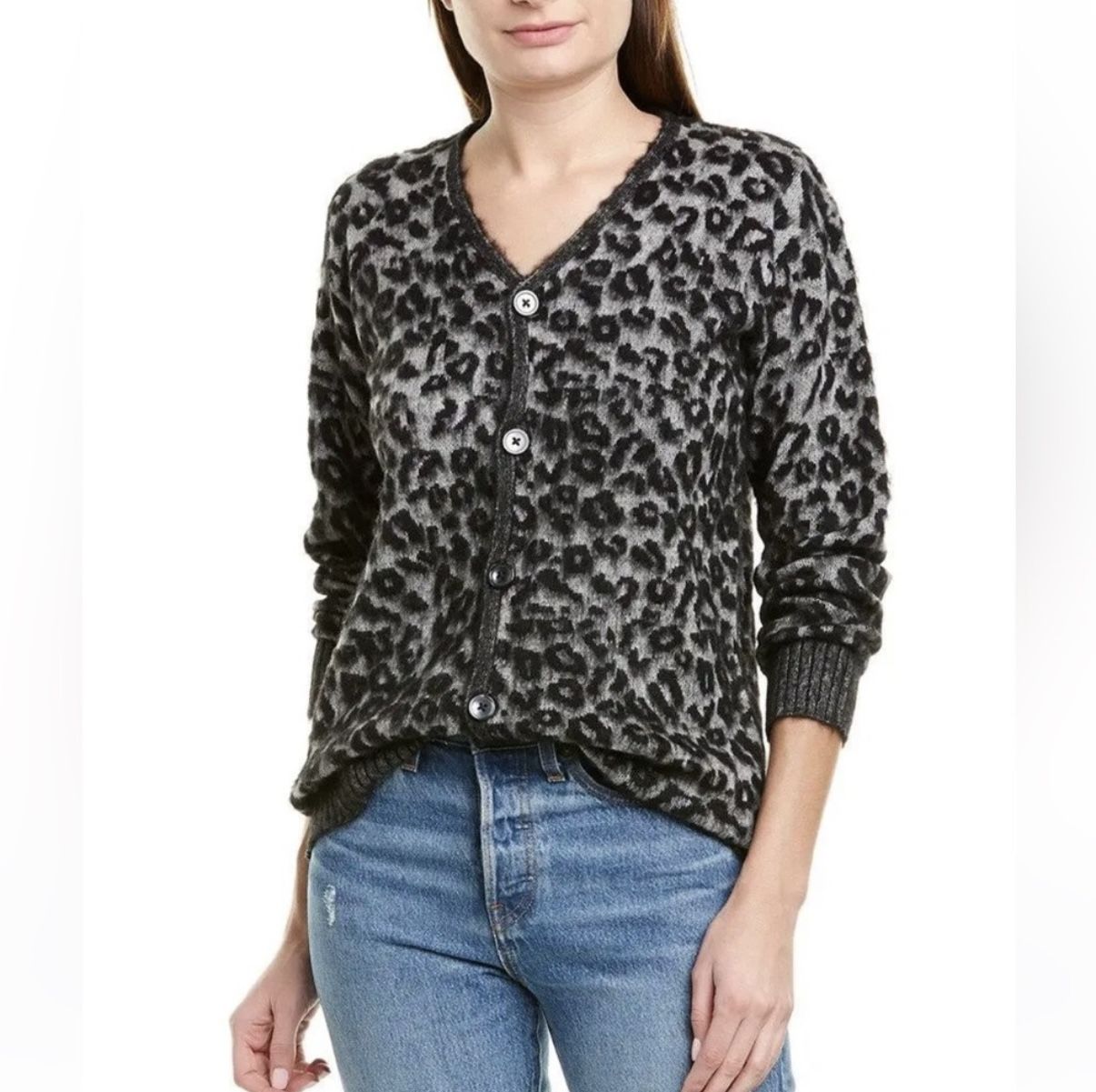 Brand New Rebecca Taylor La Vie Black Leopard Print Cardigan Sweater - Size Larg