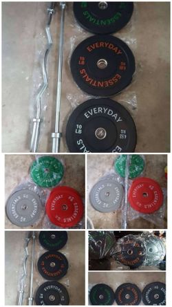 Curl bar $65, Olympic bar 6' $99, bumper plates $1.49 per lbs