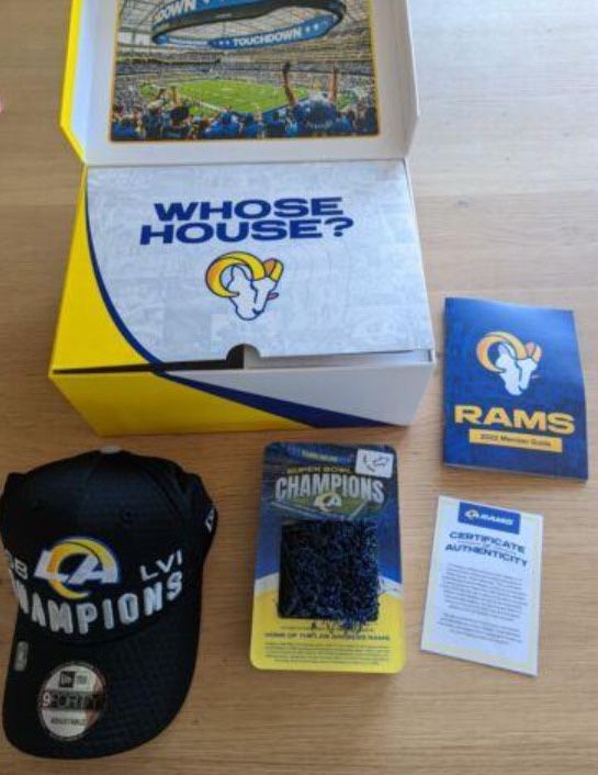 Los Angeles Rams 2022 Season Ticket Holder Gift Box. Super Bowl Hat & Sofi Turf