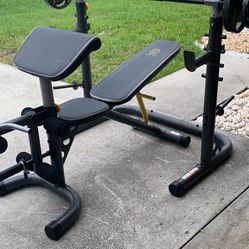 Separate Squat Rack Adjustable Olympic Bench Olympic Barbell And 80 Pounds Of Weights