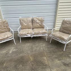 New, Firm, Metal Mesh Loveseat and two Club Chair with Double Cushions White/Sandstorm - Room Essentials