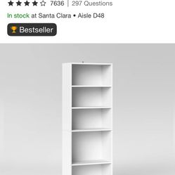 5-Shelf White Bookcase – $10