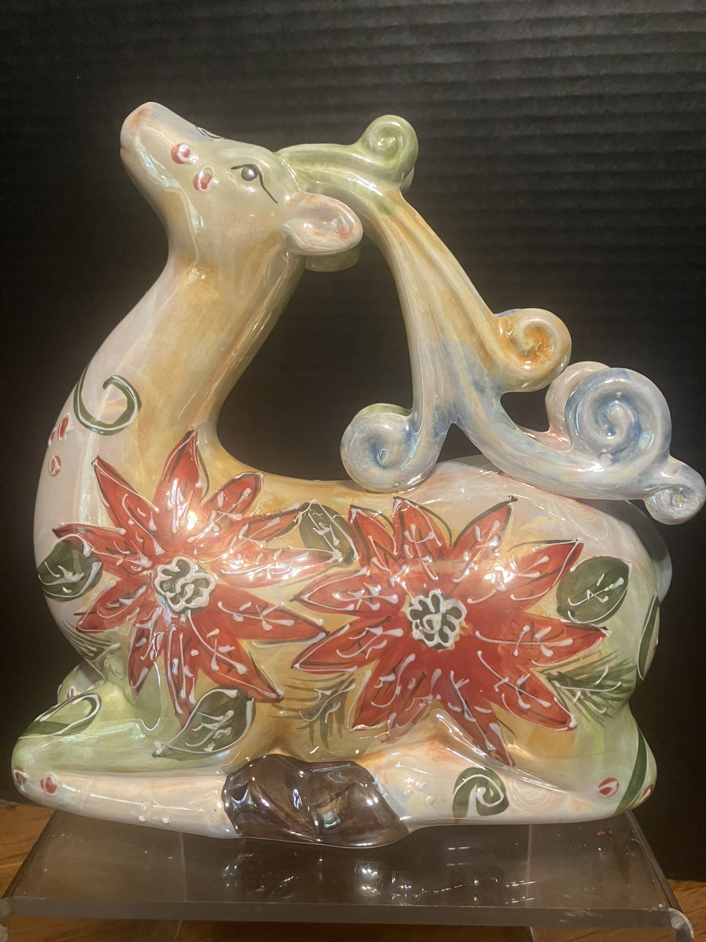 Lusterware Iridescent Ceramic / Porcelain Reindeer Figurine 9.5” Tall