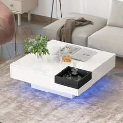 High Glossy Finish Coffee Table with 16-color LED Strip Lights, Modern Coffee Table with Detachable Tray, Modern Minimalist Design for Living Room
