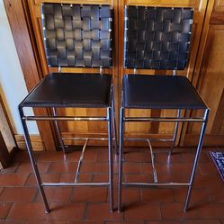 Bar Stool Pair- Braided Black Leather And Chrome 