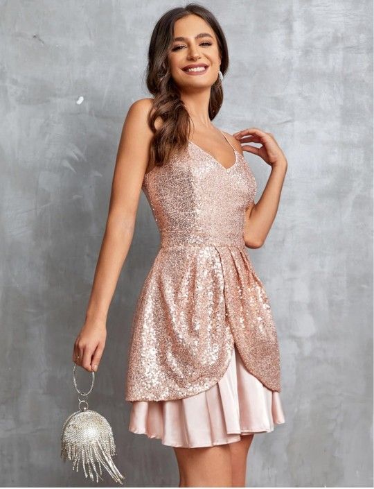Womens NWT Plus Size 2X Pink Sparkly Sequined Mini Dress Short Prom Sequin Satin
