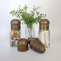 Antique Set of 3 (1910's-1920's) Heavyweight Greenish Tint Glass Shoe Polish Bottles with Brass Caps and One Finial