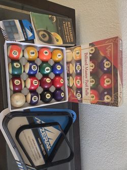 Billiard Pool Balls, 2 Triangles, Book & Chalk