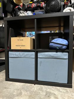 IKEA Black 4-Cube Freestanding Storage Shelf w/2 Gray Fabric Bins 30 1/8"