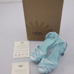 UGG 1772 Leather Ankle Strap Teal Wedge 4" Platform Shoes Sandals Women's 5