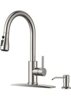 Grifo de cocina con dispensador de jabón, acero inoxidable, níquel Pulverizador extraíble, moderno grifo de fregadero de barra con rociador de 3 modos
