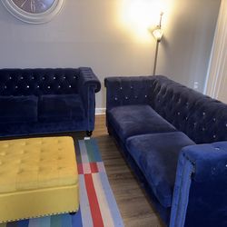 2 piece blue sofa& loveseat  & yellow ottoman
