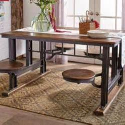 Farmhouse Rustic solid wood dining table with attached swivel out stools