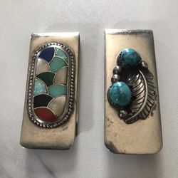 Vintage Sterling  Silver Turquoise Multi Gemstone Inlay Money Clip