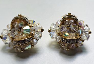 Vintage AB Crystal Rhinestone Button Style Clip On Earrings