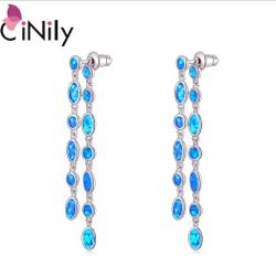 Blue Fire Opal Silver Plated Long Dangle Drop Earrings 