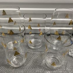 5pc Set Large Clear Glass Flower Vases with Gold Fly Prints Home Decor Event Wedding