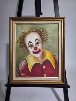 Vintage Framed Mid-Century Clown Oil Painting - Signed Roderic (20x24)