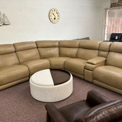 Furniture- 6 Pc 100% Real Leather Sectional With 3 Power Recliners- Daventry