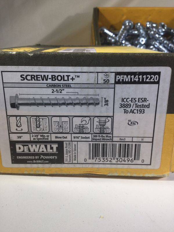 Dewalt by Powers Screw Bolts/Concrete Anchors 2 1/2” x 3/8” Steel Hex